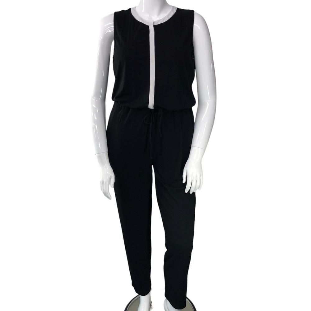Chicos Womens Size 2 US 12 L Jumpsuit Black White Tie Waist One Piece Stretch